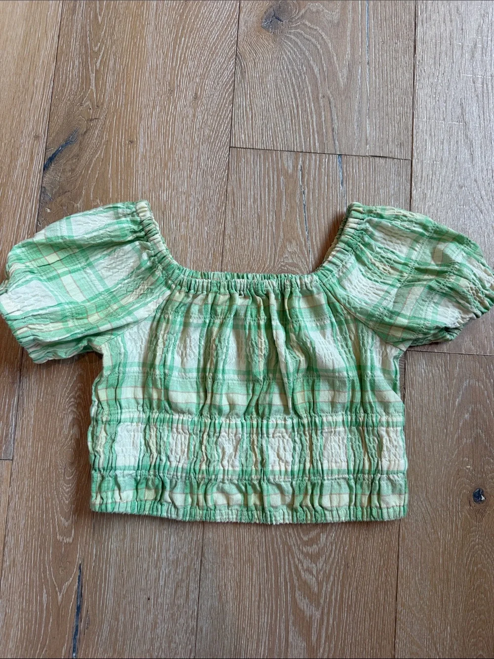 Old Navy Green Plaid Smocked Off-Shoulder Crop Top